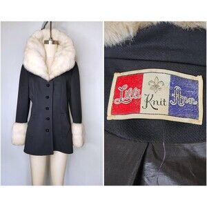 LILLI ANN Knit Black Blazer Jacket with Faux FUR Collar & Cuffs - 60s 70s S M